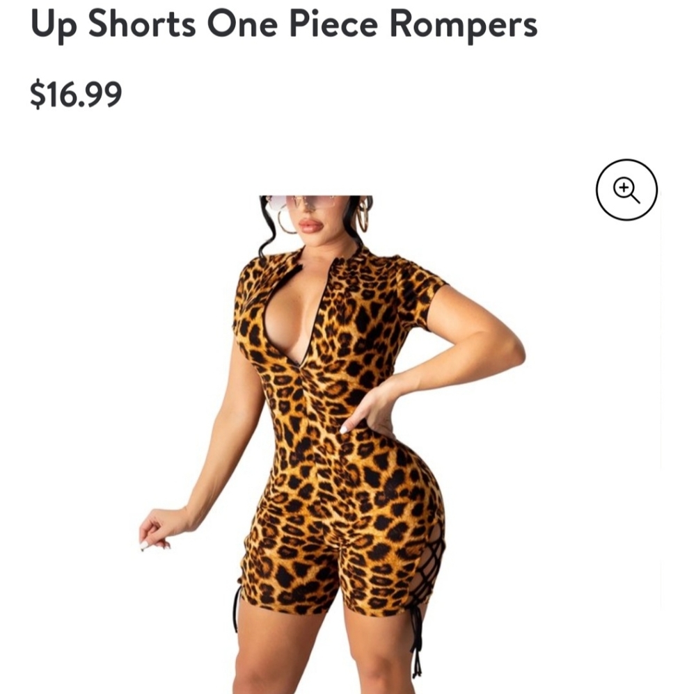 Women Bodycon Jumpsuits Leopard Print Short Sleeve Criss Cross Lace Up Shorts On
